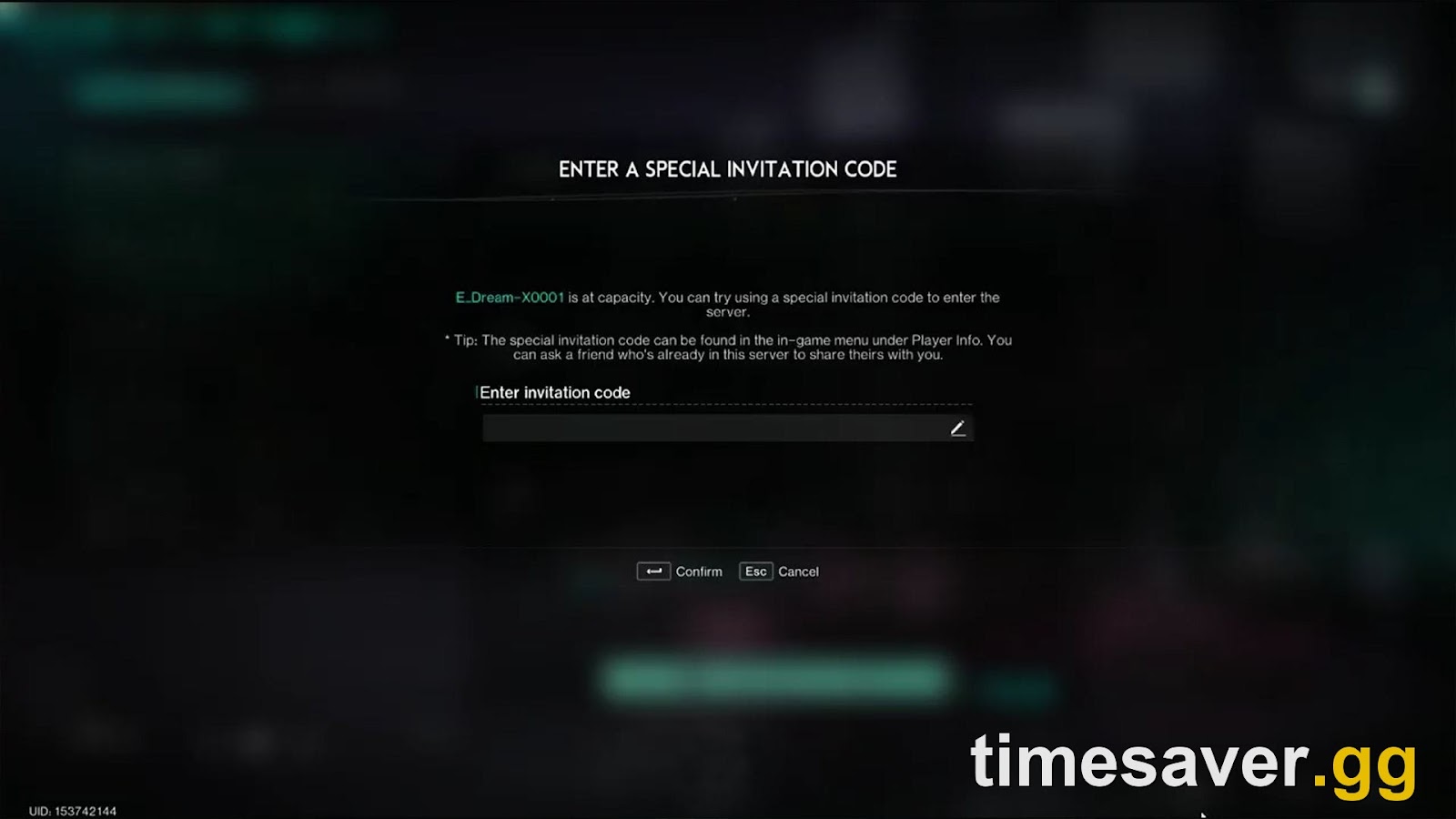 Once Human 'Enter a Special Invitation Code' dialog shown when a server is at capacity — the prompt PS5 and Xbox players see when they try to join a full server.