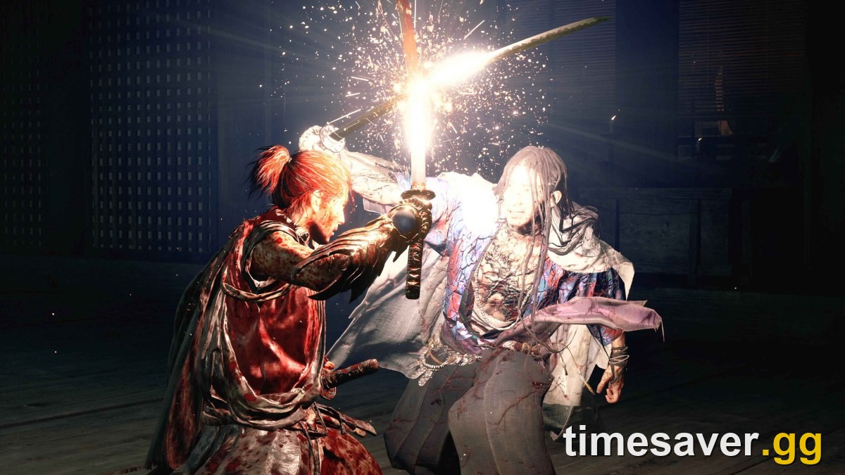 Miyamoto Musashi clashes blades with a Genma in a burst of sparks in Onimusha: Way of the Sword — the parry-and-Issen counter in action.
