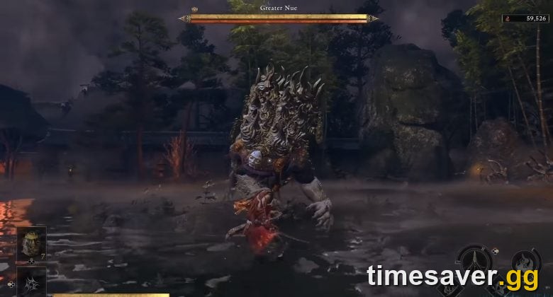 The Greater Nue boss with its health bar on screen as Musashi fights it in Onimusha: Way of the Sword