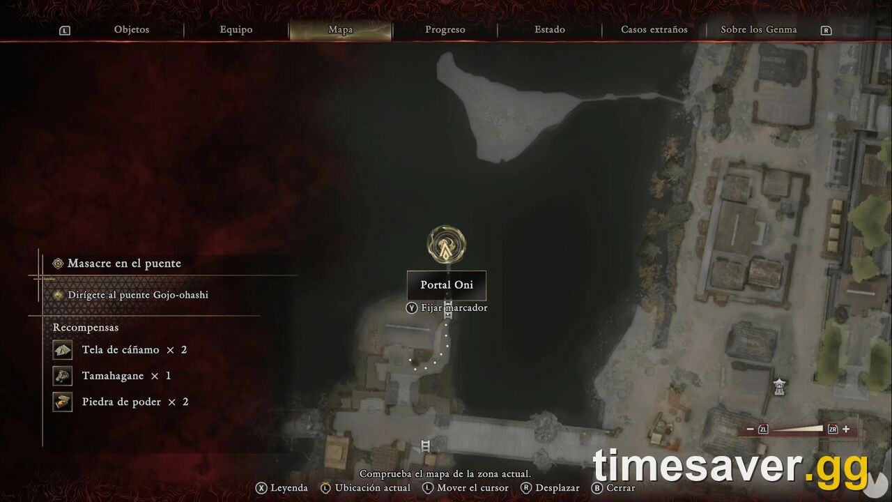 Eastern Kyoto in-game map in Onimusha: Way of the Sword with the selected marker labelled Oni Portal