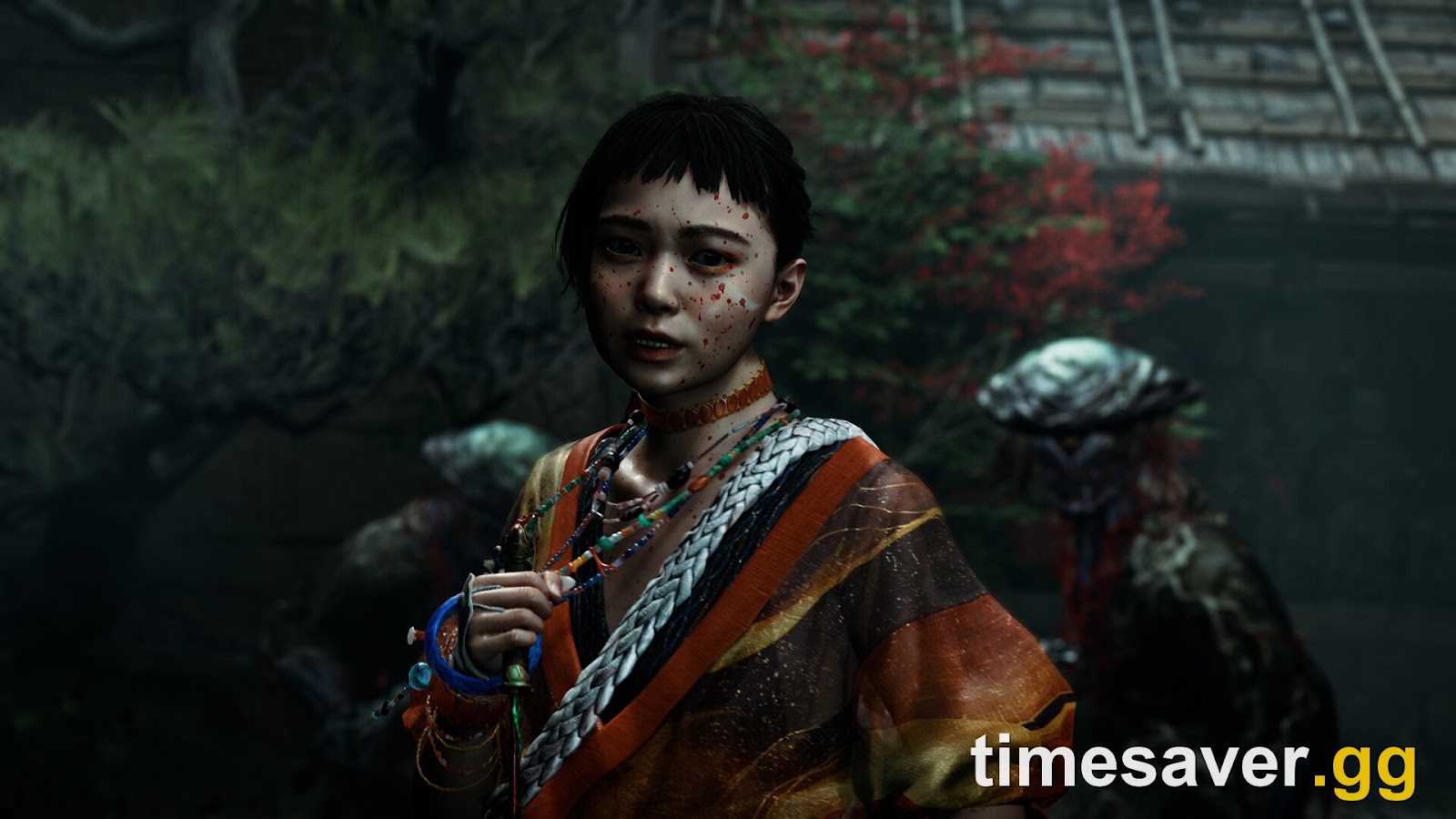 A character stands in a detailed Kyoto garden with a Genma lurking behind in Onimusha: Way of the Sword.