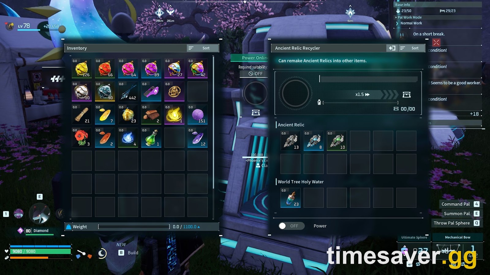 Palworld Ancient Relic Recycler and inventory where Ancient Civilization Cores are spent on endgame gear