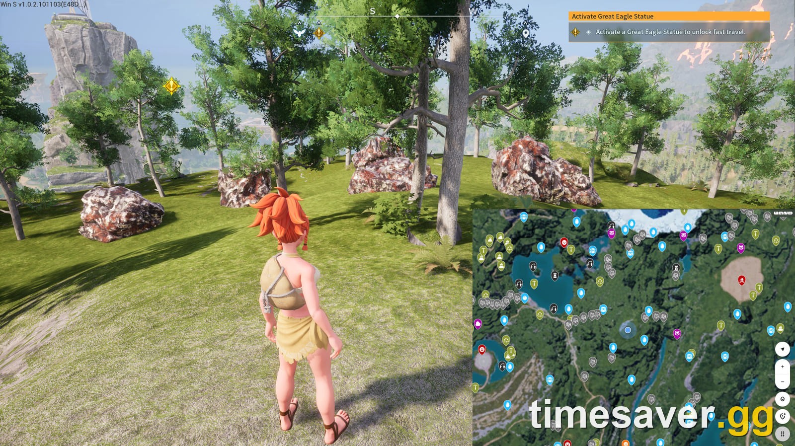 Palworld 1.0 ore nodes on the peak above the Sealed Realm of the Guardian with the base spot marked on the map
