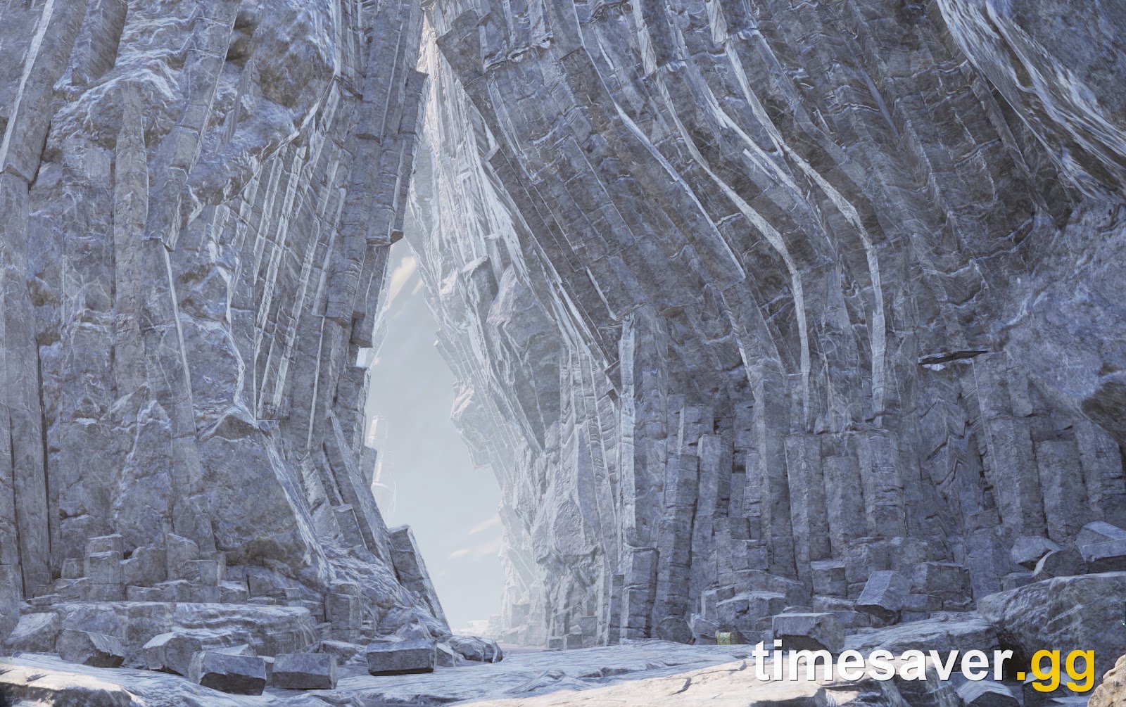 A large stone-pillar cave dungeon environment in Palworld