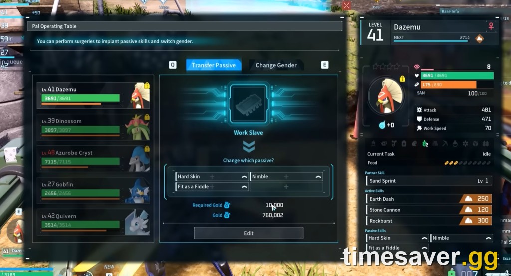 The Palworld Pal Surgery Table Transfer Passive screen, showing a Pal's four passive-skill slots being overwritten in the 1.0 update