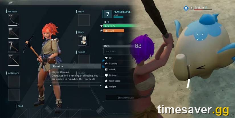 Palworld player level and stat points screen next to gameplay