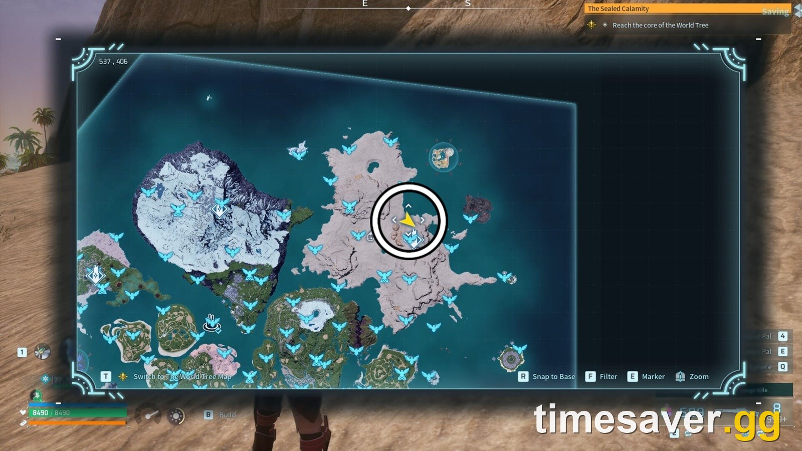 Palworld 1.0 map with the Sekhmet spawn area in the Dessicated Desert circled