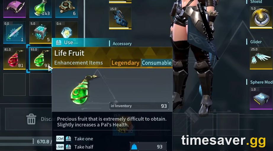Palworld Life Fruit inventory tooltip, a Legendary stat fruit that raises a Pal's HP Potential