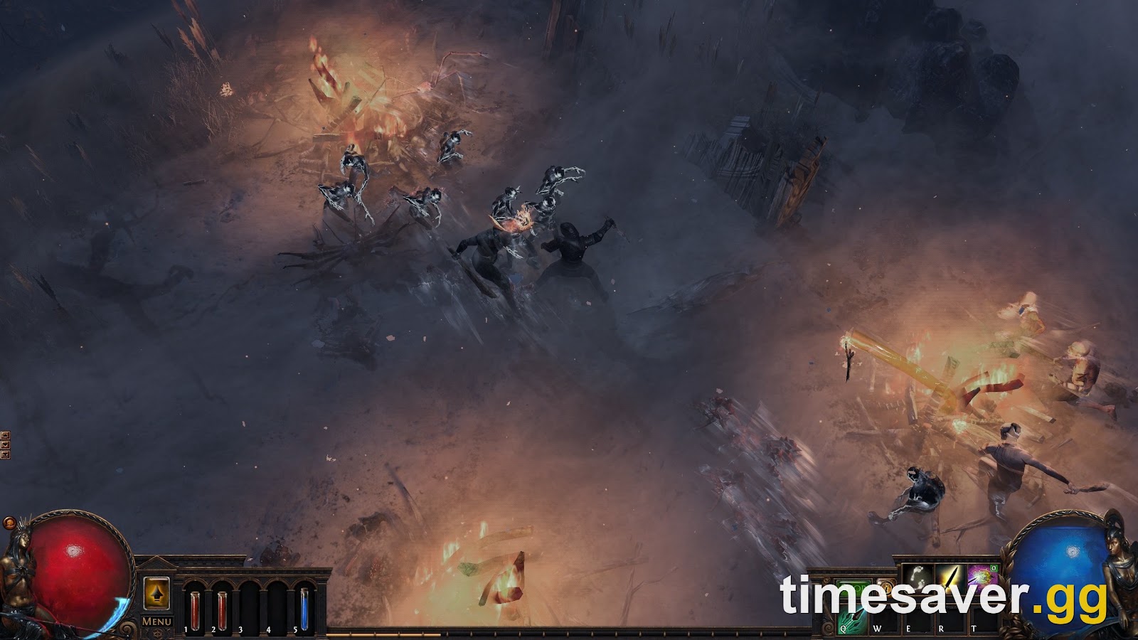 Path of Exile character fighting spectral enemies inside the gray Delirium fog