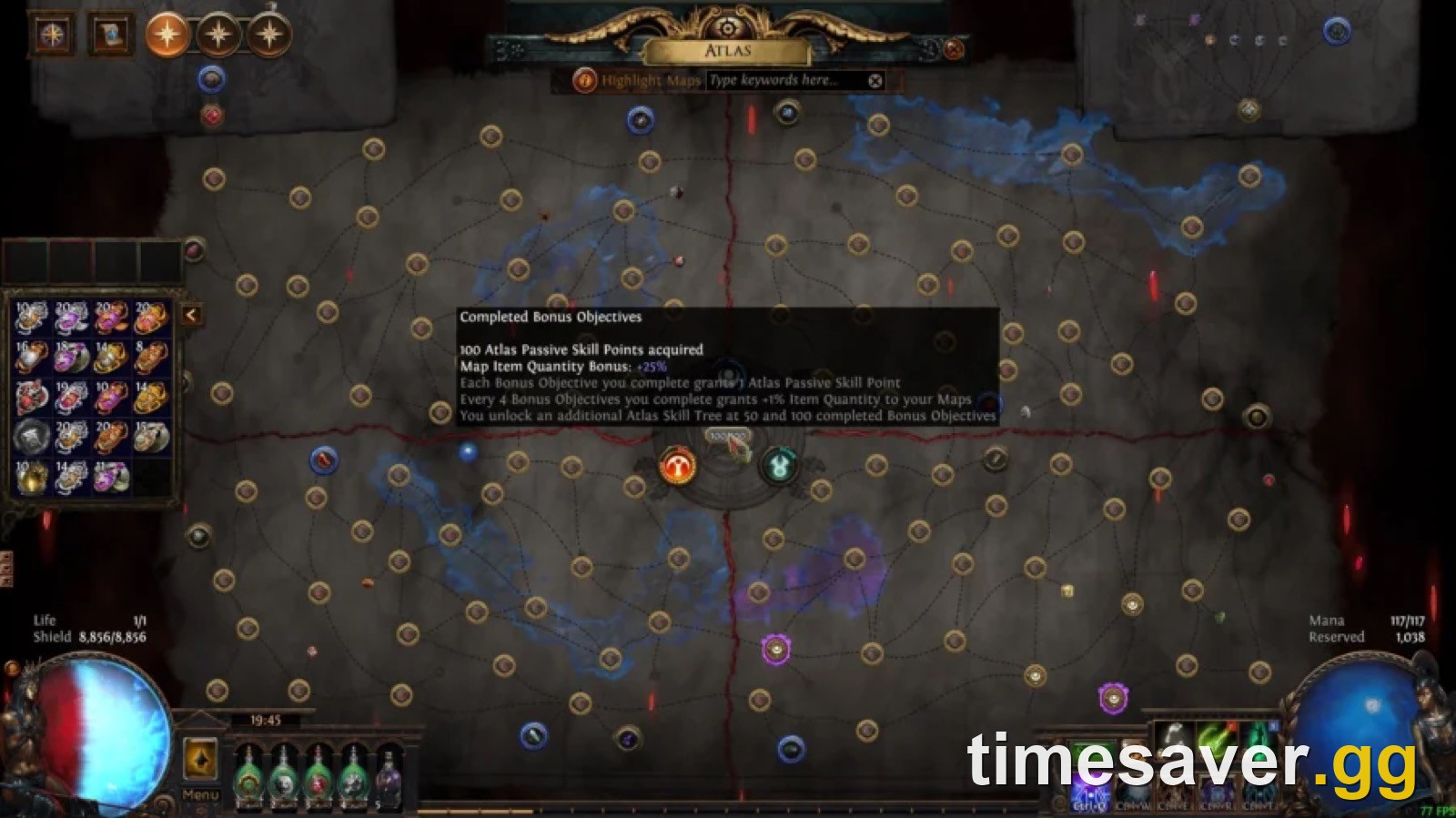 Path of Exile Atlas of Worlds map screen showing region nodes and Voidstone sockets