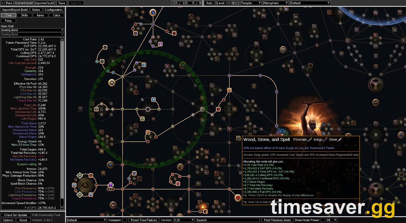 Path of Building offence panel showing total DPS and the passive tree in Path of Exile