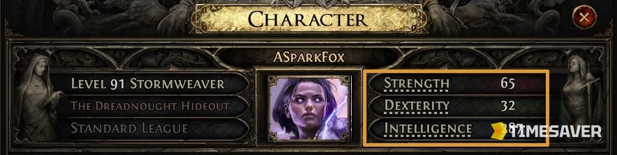 PoE2 character attributes panel — Strength, Dexterity and Intelligence, the three stats Astramentis stacks