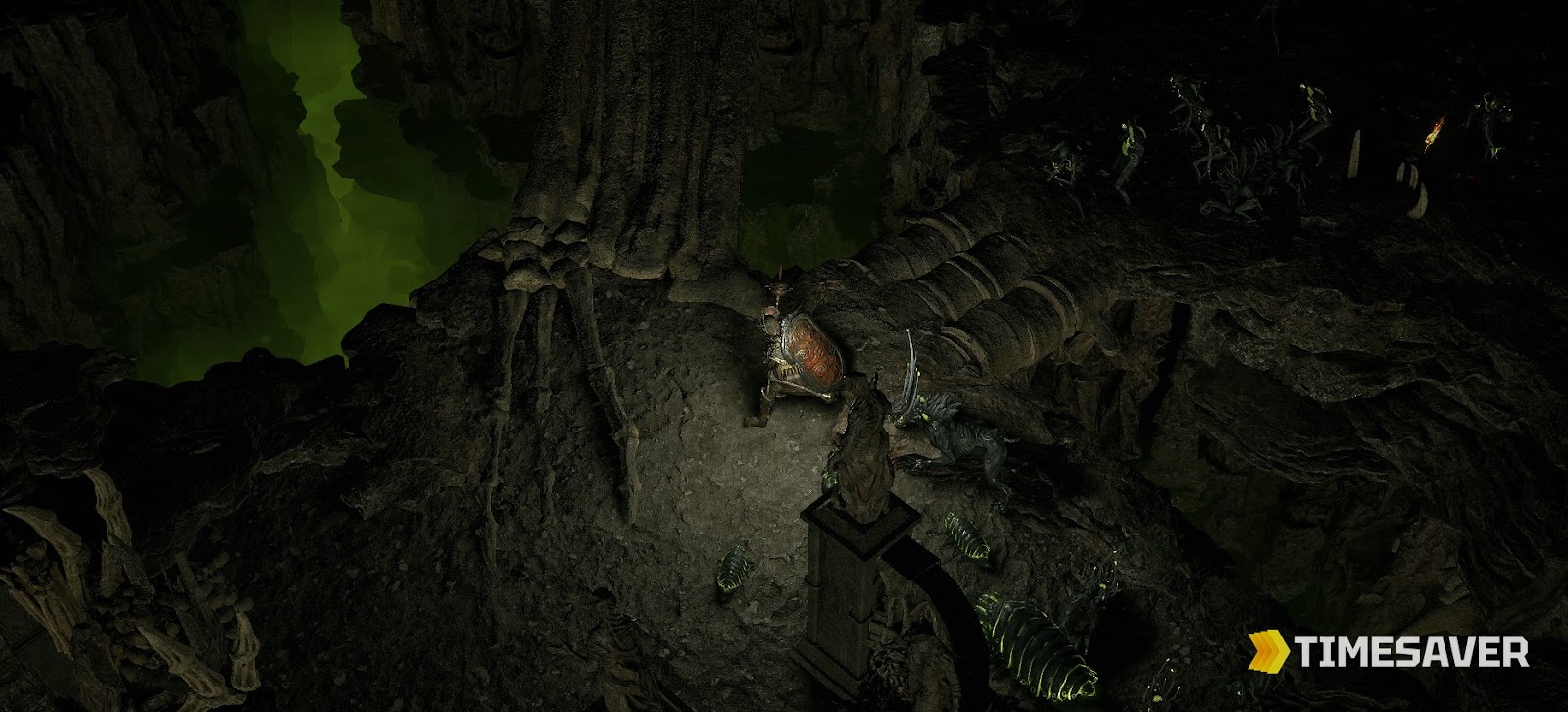 PoE2 Abyssal Depths — the dark, bone-strewn underground city where Desecrated Currency (preserved bones) drops