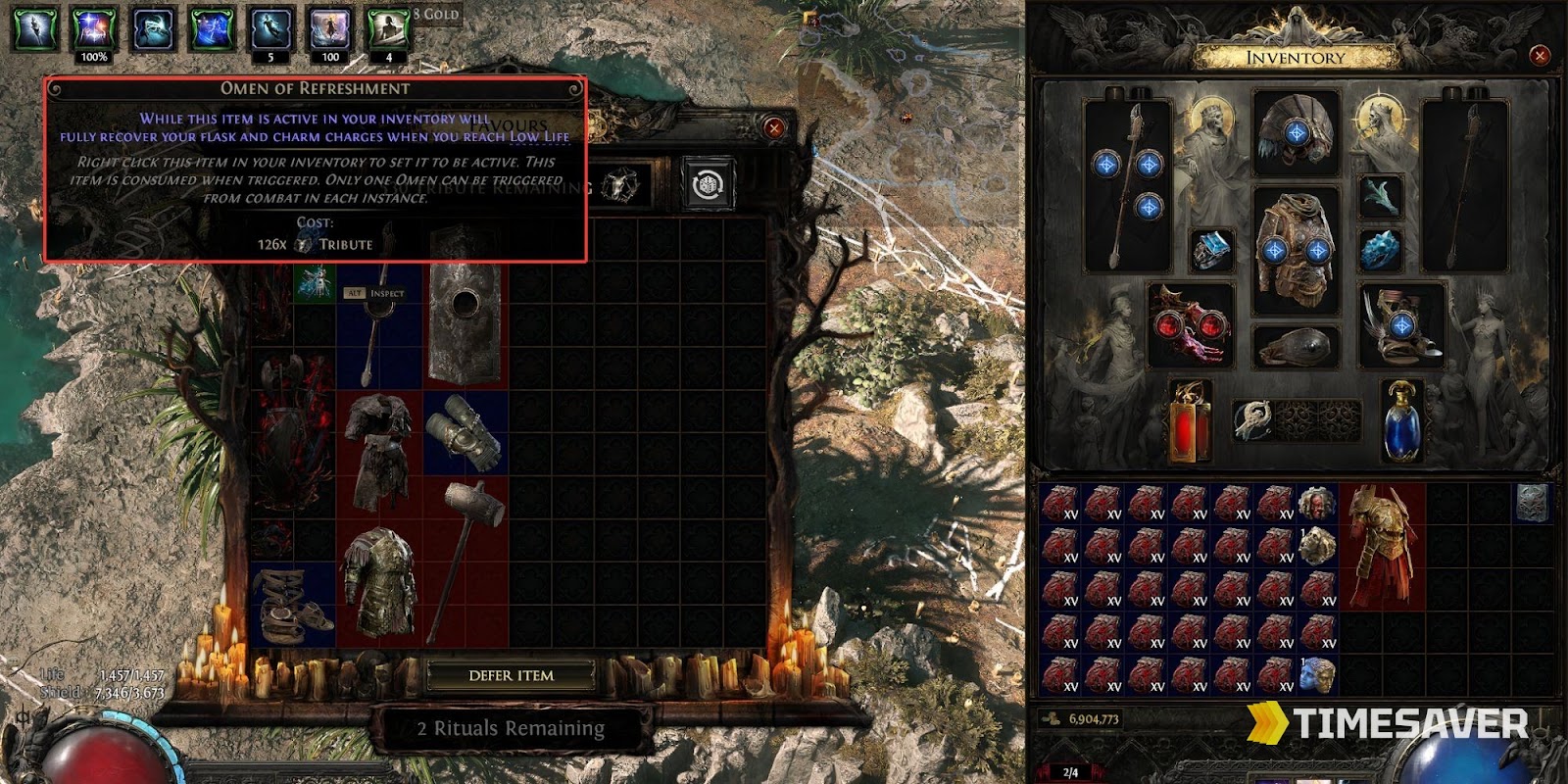 PoE2 Ritual Favours window where you spend Tribute to buy chase belts like Mageblood and Headhunter