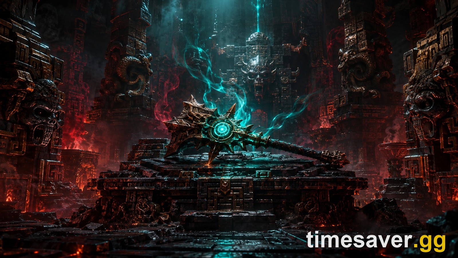 Path of Exile 2 Vaal temple altar with a glowing rune socket in a weapon, the Soul Core augment system