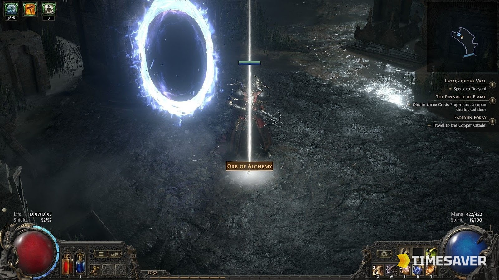 PoE2 Orb of Alchemy on the ground with its name tooltip beside a portal (0.5 Return of the Ancients)