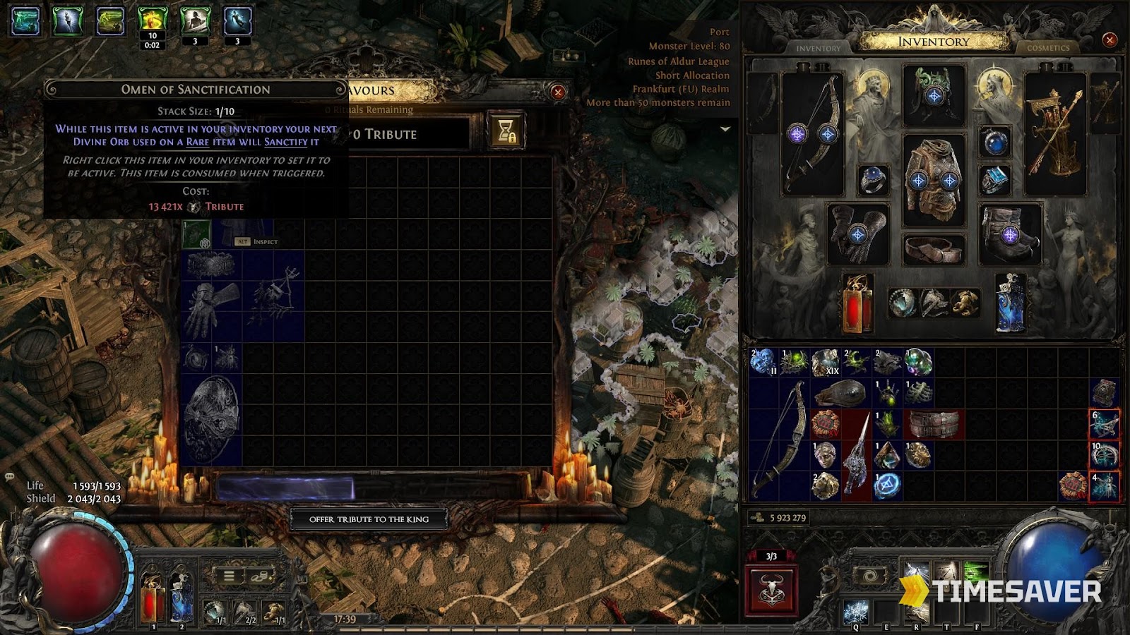 The PoE2 Ritual Favours window showing the Omen of Sanctification tooltip — 'your next Divine Orb used on a Rare item will Sanctify it' — with its Tribute cost in the Runes of Aldur league