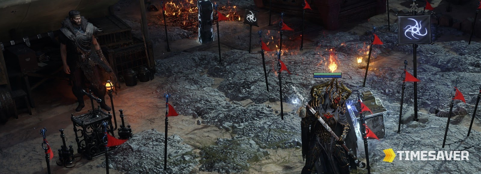 A PoE2 Expedition site with Dannig, the detonator, faction banners and red explosive markers over a Kalguuran excavation, the mechanic where Styrn spawns