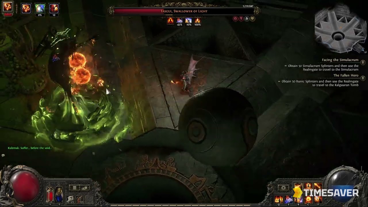 Tasgul, Swallower of Light boss fight in the dark Lightless Void arena in PoE2, with the boss health bar and a rolling sphere hazard