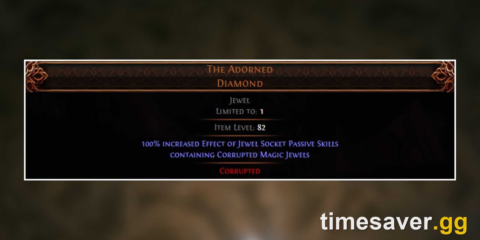 The Adorned Diamond unique jewel tooltip in Path of Exile 2 showing a 100% increased-effect roll, item level 82, Corrupted — the roll that sets its price