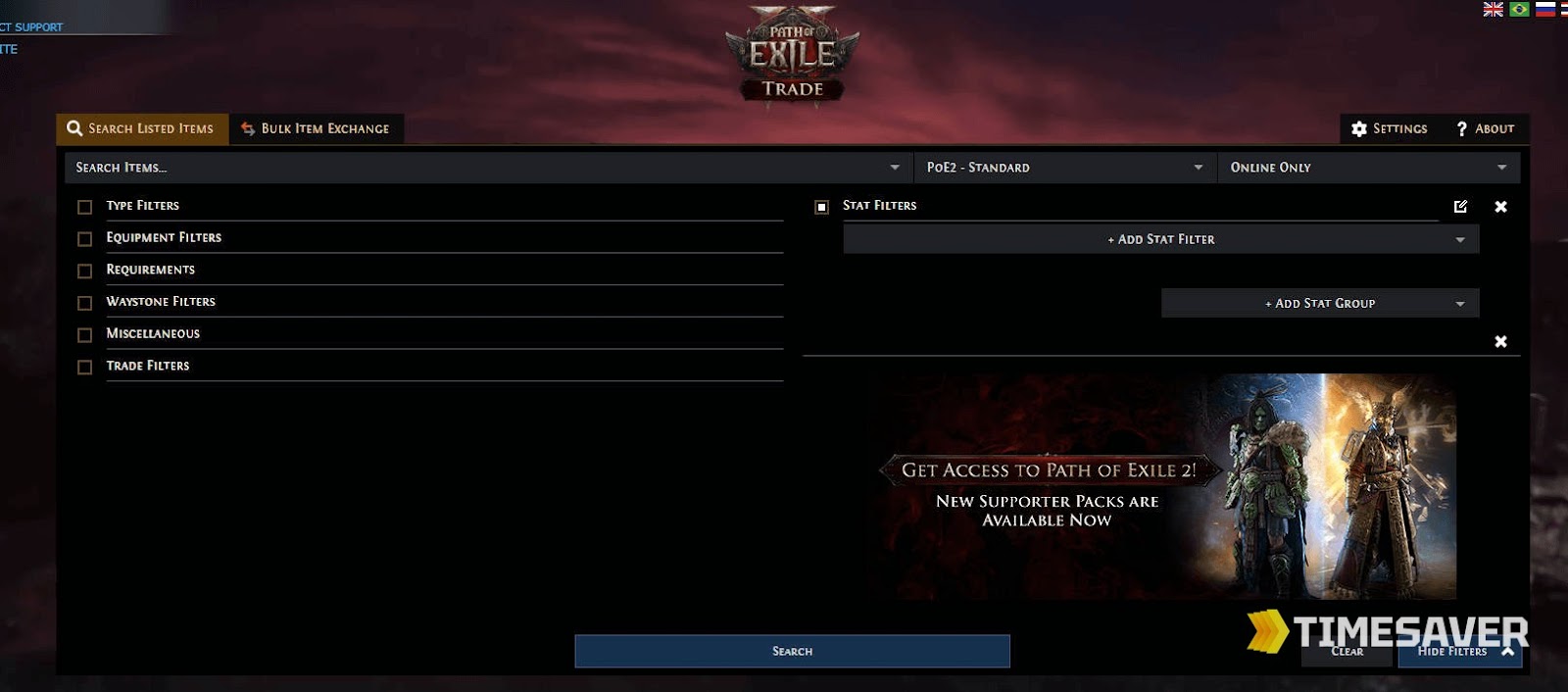 The official Path of Exile 2 trade site search interface with type, equipment and stat filters