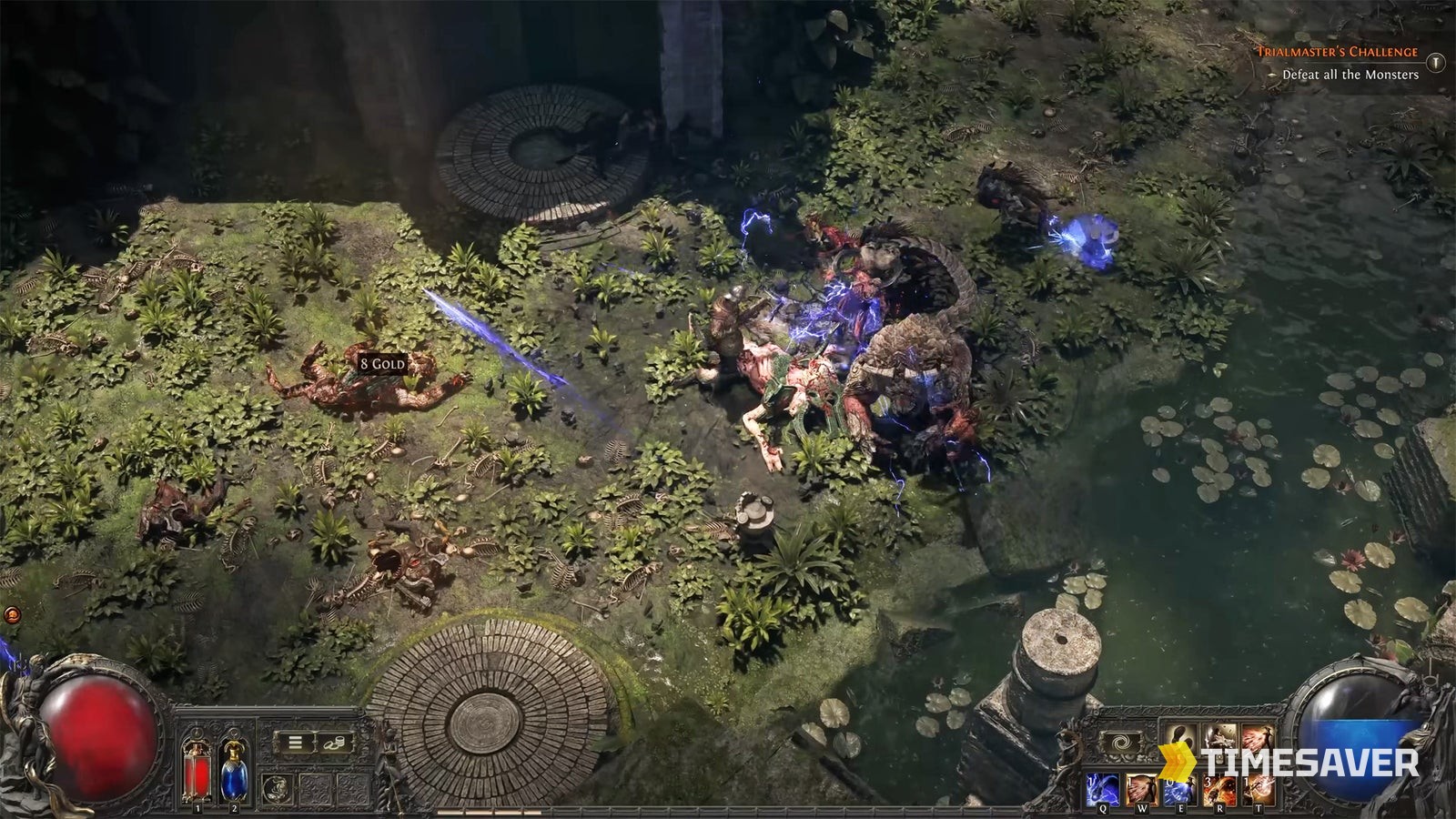 Path of Exile 2 Trial of Chaos — a character fighting a wave of monsters with the Trialmaster's Challenge objective on screen during an Inscribed Ultimatum