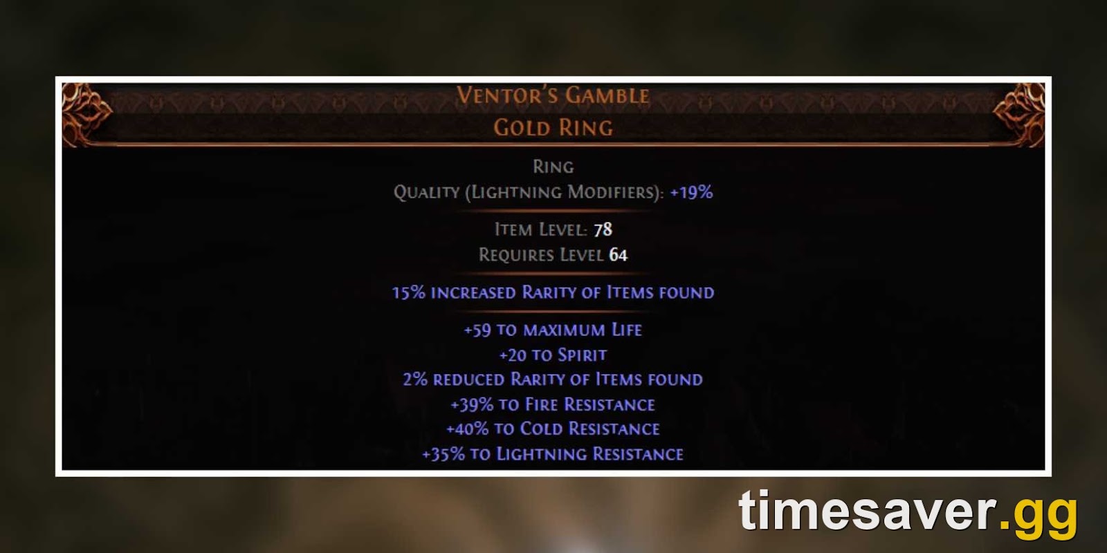 PoE2 Ventor's Gamble Gold Ring unique item tooltip — Requires Level 64, 15% increased Rarity implicit, plus its randomly-rolled life, spirit and resistance lines