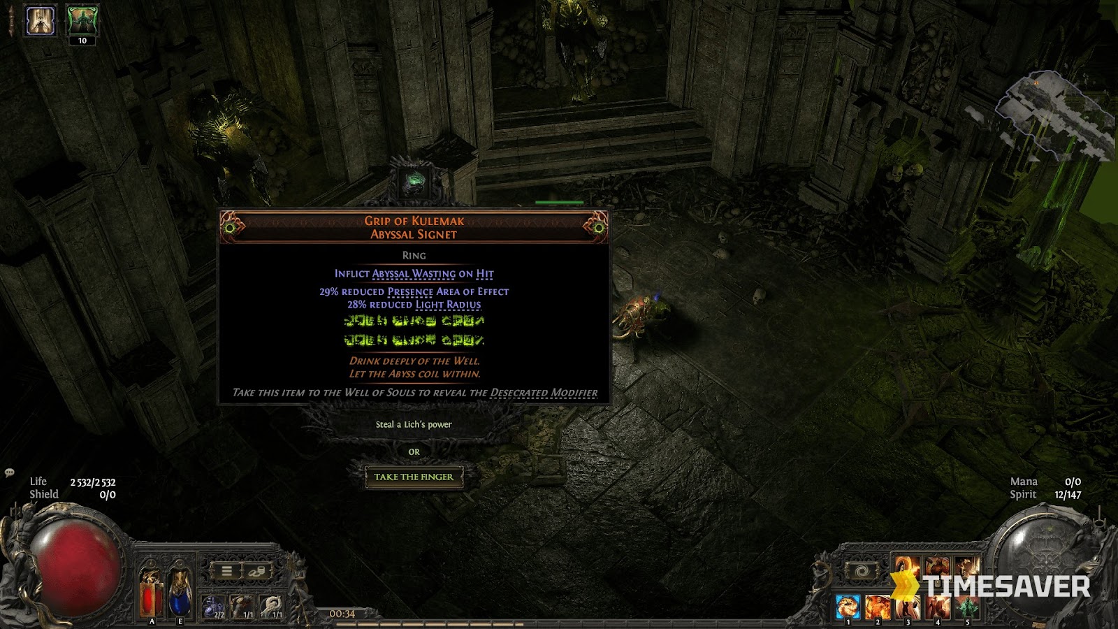 PoE2 Vessel of Kulemak encounter in the Black Cathedral — the Grip of Kulemak Abyssal Signet reward and the Take the Finger prompt (0.5 Return of the Ancients)