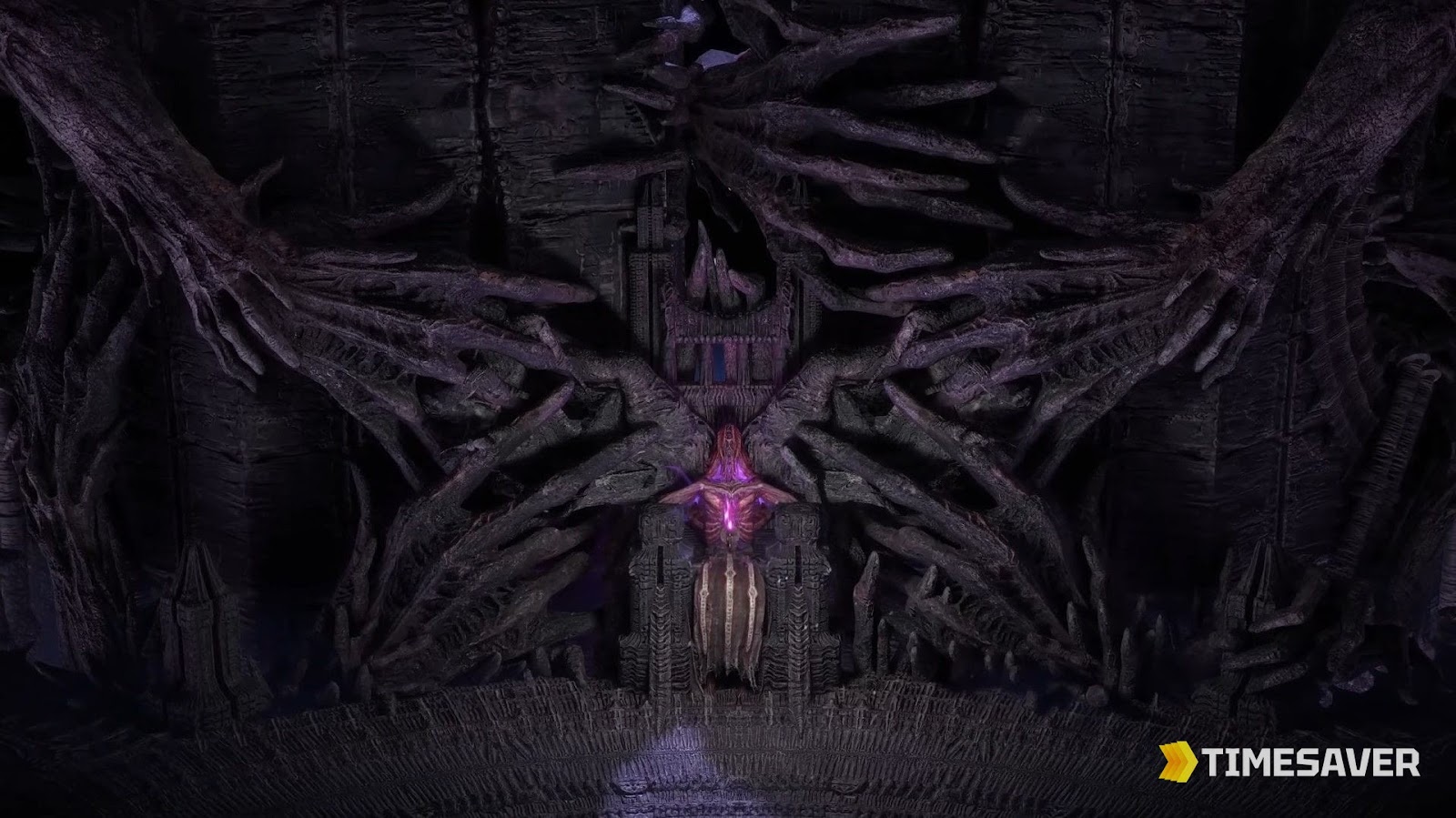 Path of Exile 2 Twisted Domain — the dark, organic Breach pinnacle arena of Xesht, We That Are One, lit by a purple Hiveborn glow