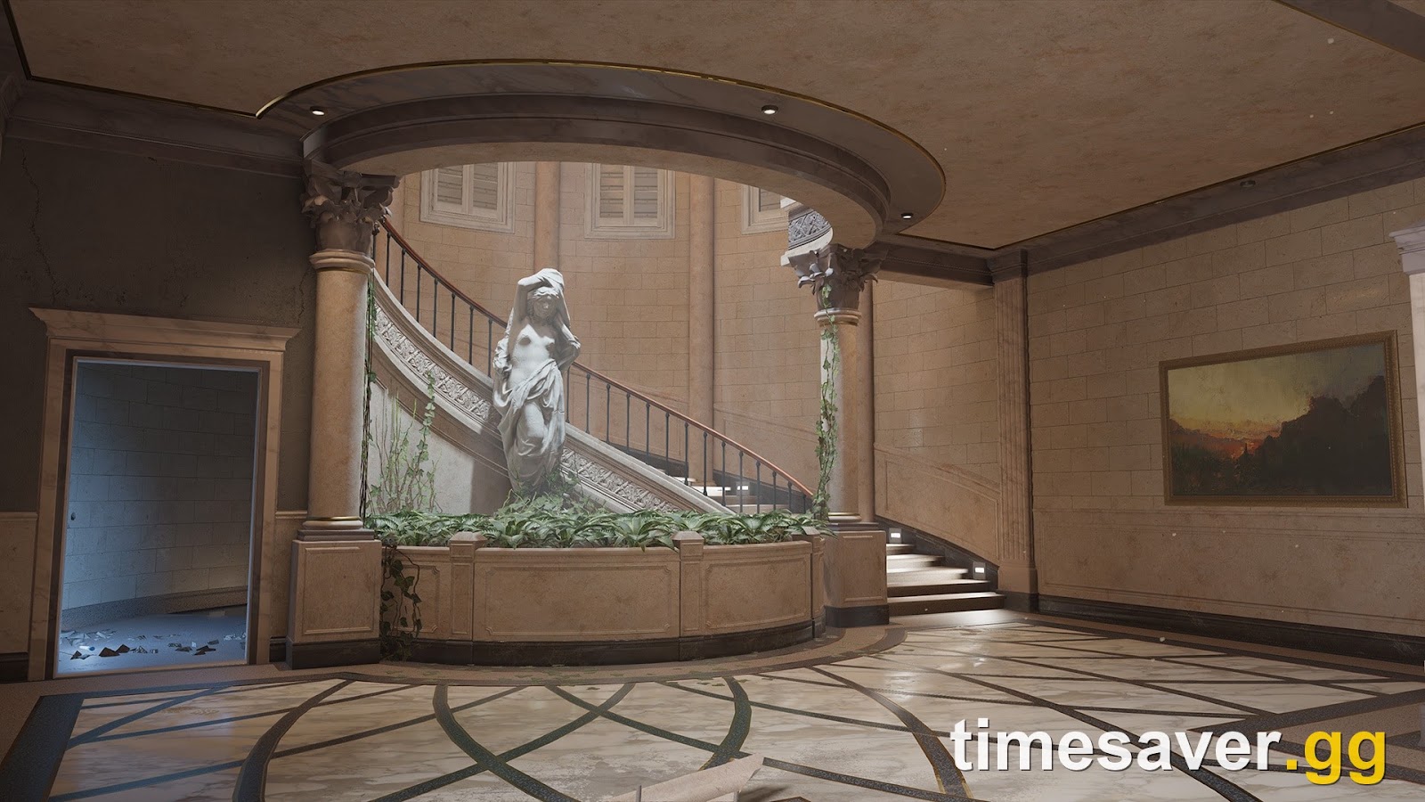 Rainbow Six Siege Consulate modernized map interior showing the ornate lobby staircase and balcony