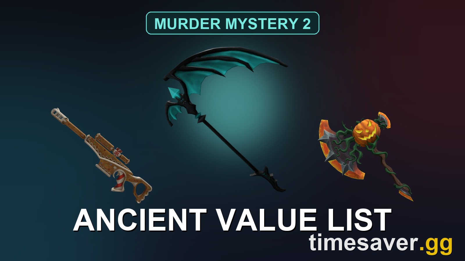 MM2 Ancient-tier weapons lineup — Nik's Scythe, Gingerscope and Traveler's Axe on a dark card