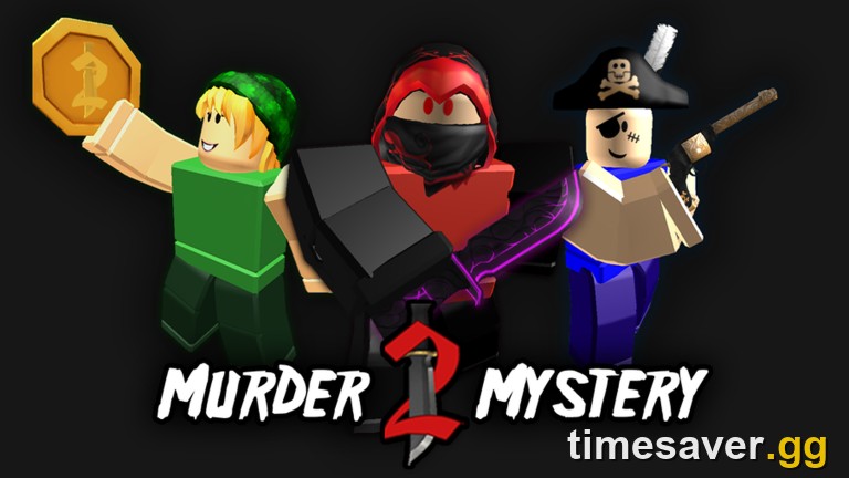 Murder Mystery 2 key art showing the Sheriff, Murderer and Innocent roles with knife and gun weapons