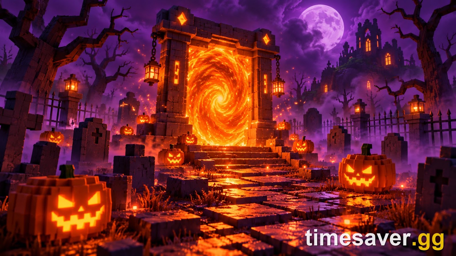 Illustration of a glowing orange Roblox-style Halloween portal in a foggy graveyard with carved pumpkins and bare trees, representing The Hollow platform-wide event