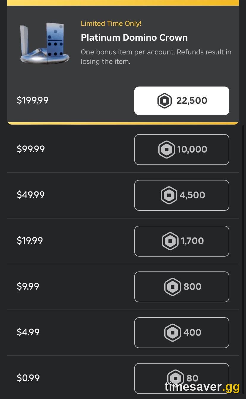 Roblox Robux purchase page showing the 80, 400, 800, 1,700, 4,500, 10,000 and 22,500 Robux packages with their USD prices