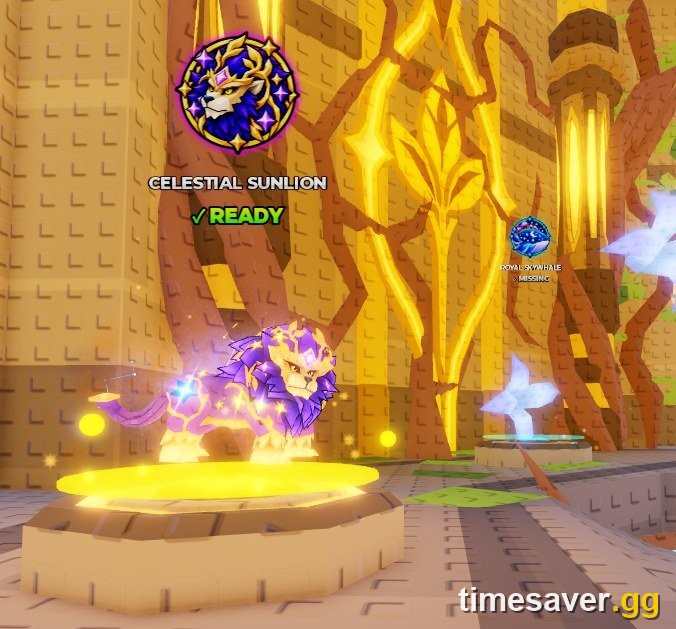 Steal An Egg Celestial Sunlion pet glowing on the fuse pedestal inside the Enchanted Tree