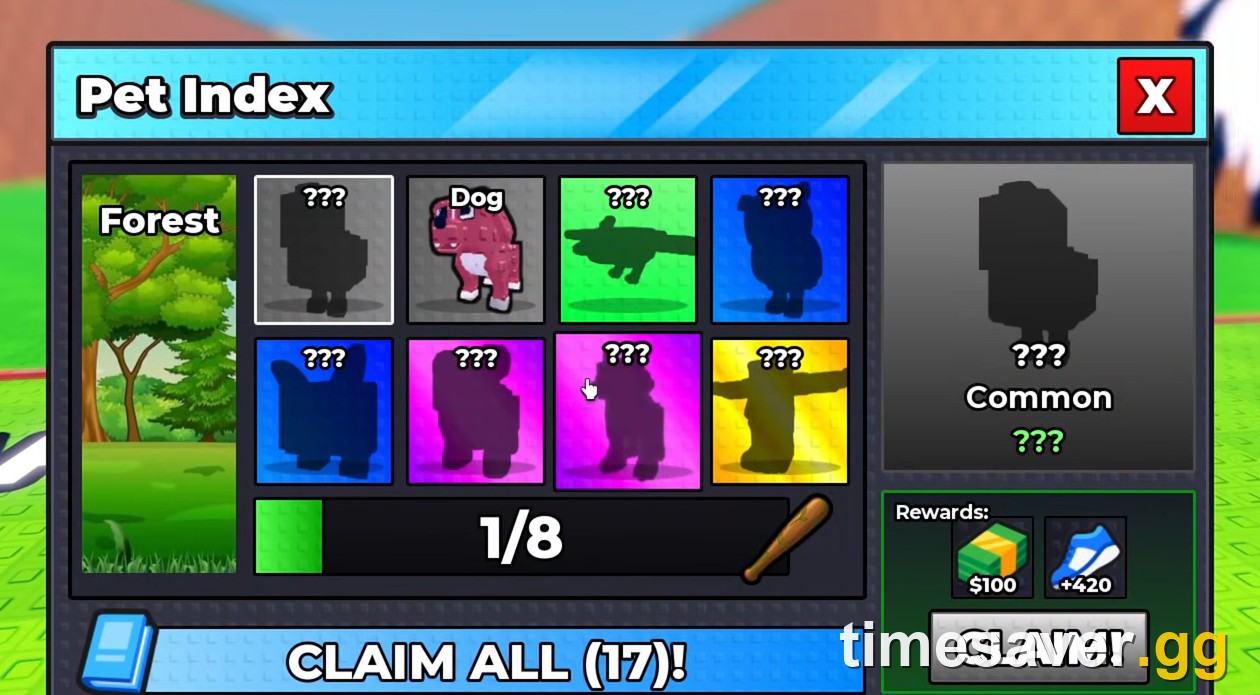 Steal An Egg Pet Index open on the Forest collection at 1/8, with the Forest Bat reward icon and a $100 plus 420 Speed discovery reward