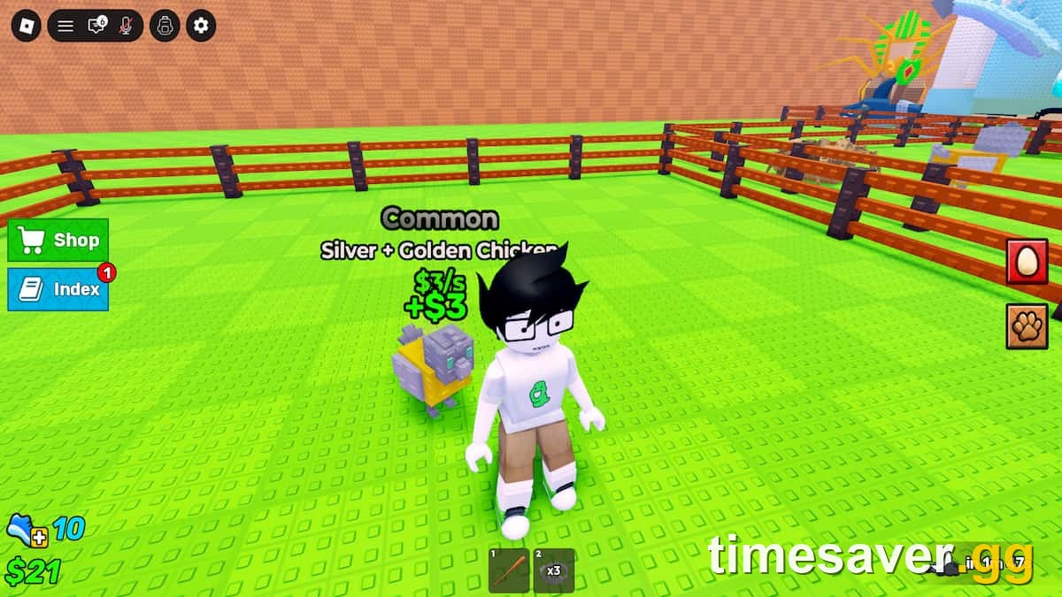 Steal An Egg gameplay — a player with an early Golden Chicken pet, the bottom of the money-per-second value list, September 2026