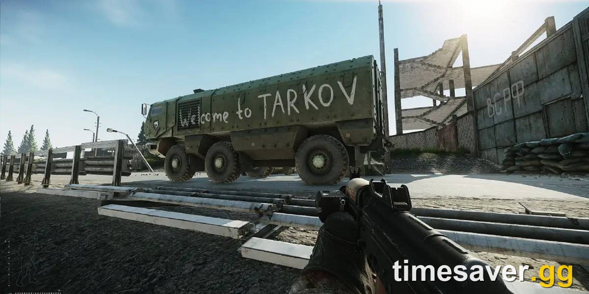Escape from Tarkov raid environment at a Welcome to Tarkov checkpoint, first-person view