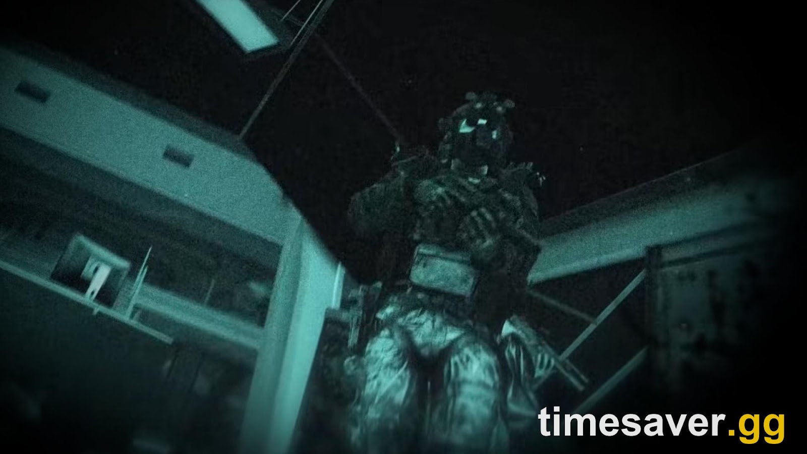 Escape from Tarkov The Lab during the Blackout event — a PMC seen through night-vision in the pitch-black, powered-down Lab (1.0.6.5)