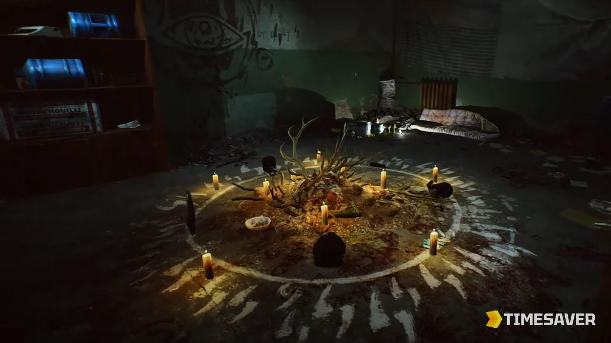 The Cultist Circle hideout station in Escape from Tarkov 1.0 — a candle-lit chalk ritual circle ringed with candles and antlers where players place up to five items to sacrifice for rewards