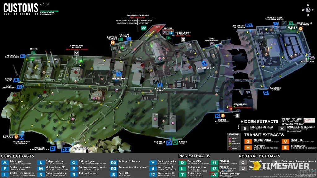 Annotated Escape from Tarkov Customs map with every PMC, Scav and transit extraction point labeled