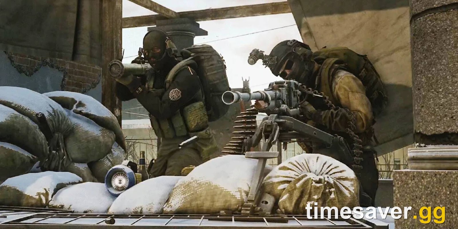 Two Escape from Tarkov operators defending a mounted machine gun together, representing the co-op EXFIL Brothers Program in the 1.2.0.0 update