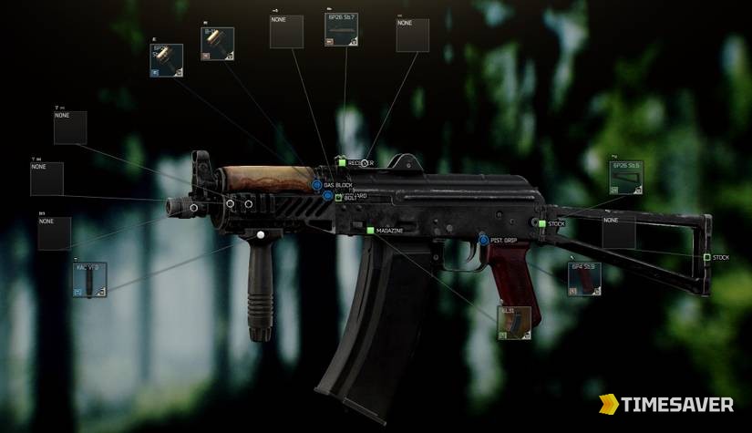 Escape from Tarkov weapon modding screen — an AKS-74U being built to a Gunsmith spec at the workbench, with the mod slots you must fill highlighted