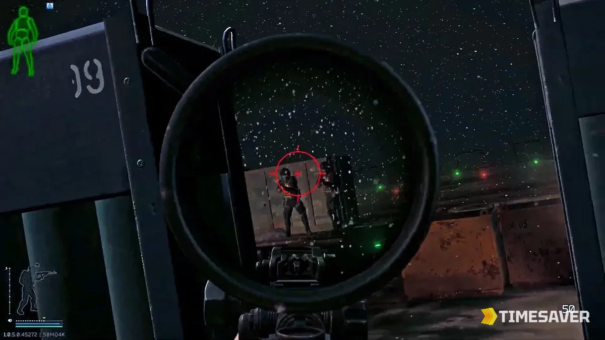 Escape from Tarkov Icebreaker gameplay on the 1.0.5 patch — a player scopes a Black Division guard across the snowy open deck of the Boreas ship at night