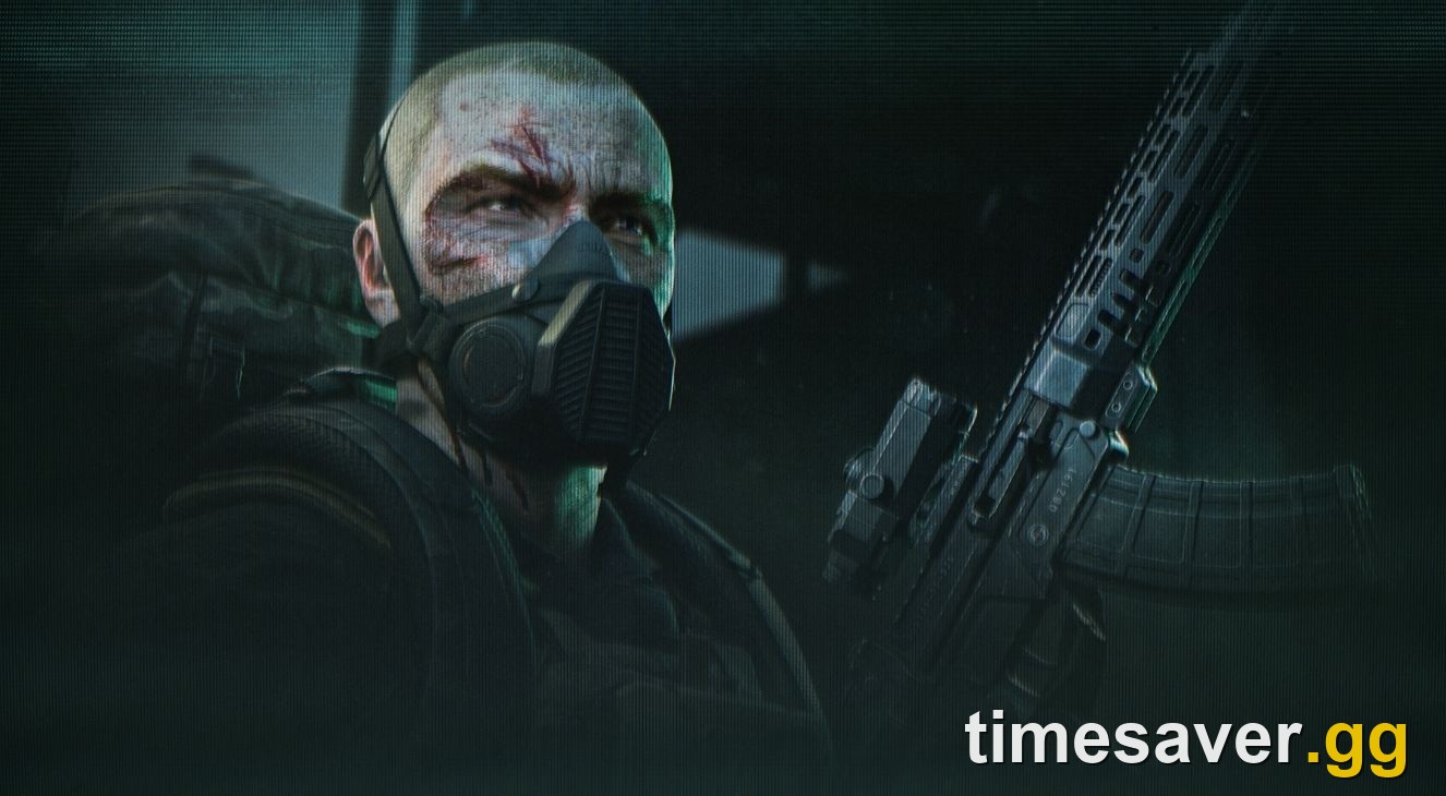 Escape from Tarkov Season 1 Kord Breach official season key art showing a battle-scarred PMC in a tactical gas mask holding an assault rifle