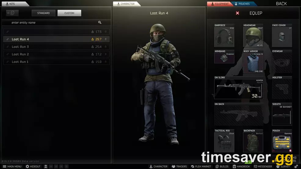 An overweight Escape from Tarkov PMC hauling a heavy kit through a raid, the yellow weight meter active — the only state that trains the Strength skill