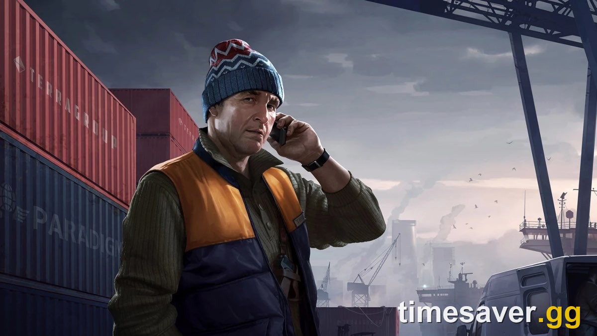 Escape from Tarkov official key art of the trader Skier standing in a shipping-container yard talking on a phone — the hardest trader to push to Loyalty Level 4