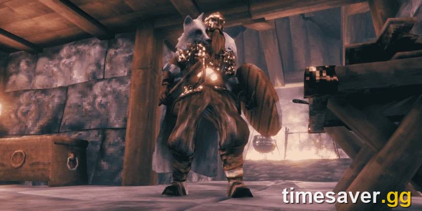 A Valheim Viking wearing the Drake helmet and Wolf armor set holding a shield inside a stone base