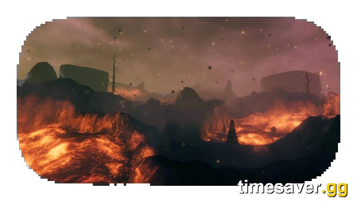 The molten, lava-strewn Ashlands biome in Valheim, with cinders falling from a hazy orange sky