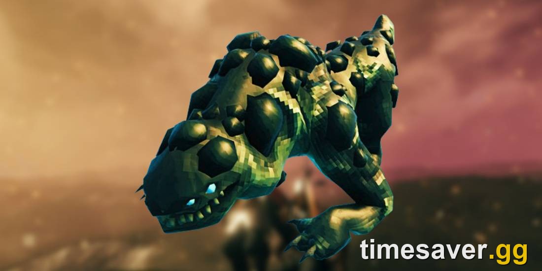 An Asksvin, the lizard-like Ashlands mount in Valheim, on scorched black ground